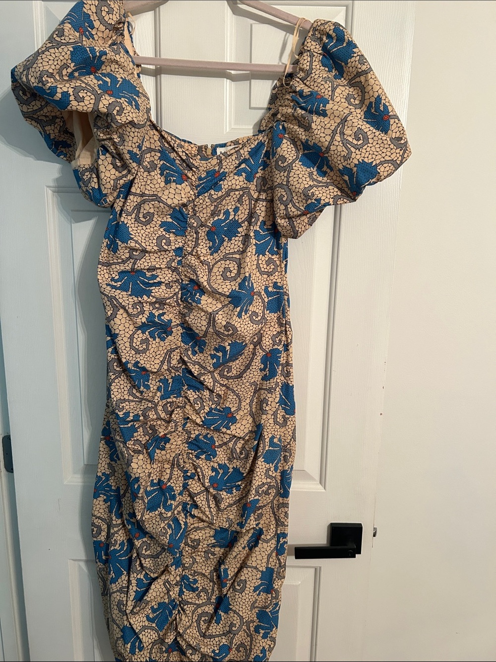 RHODE Blue Floral Puff-Sleeve Midi Dress on Cream Ground
